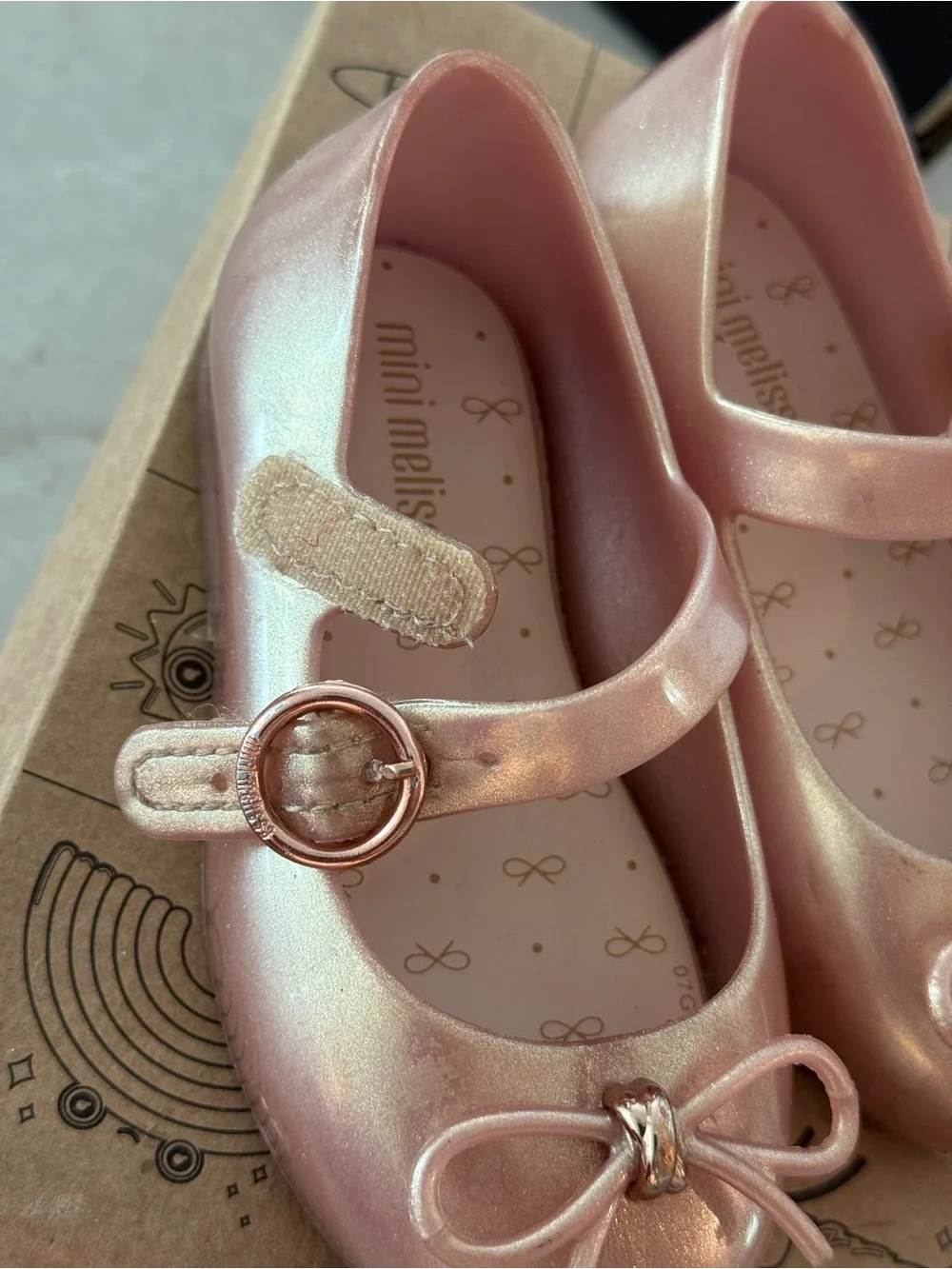 Mini Melissa Metallic Rose Gold Mary Janes with Bow Accent